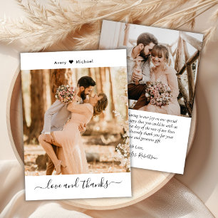 Minimal Love and Thanks Script Heart Photo Wedding Thank You Card