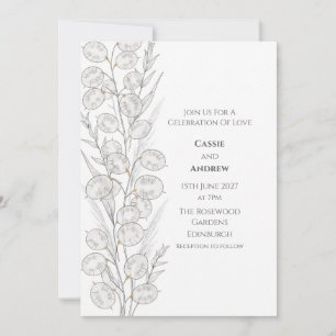 Minimal Lunaria Seed Pod Gold Line Wedding Invitation