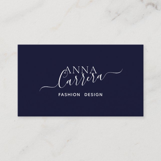 Minimal Luxury Boutique Navy White Calligraphy Business Card (Front)