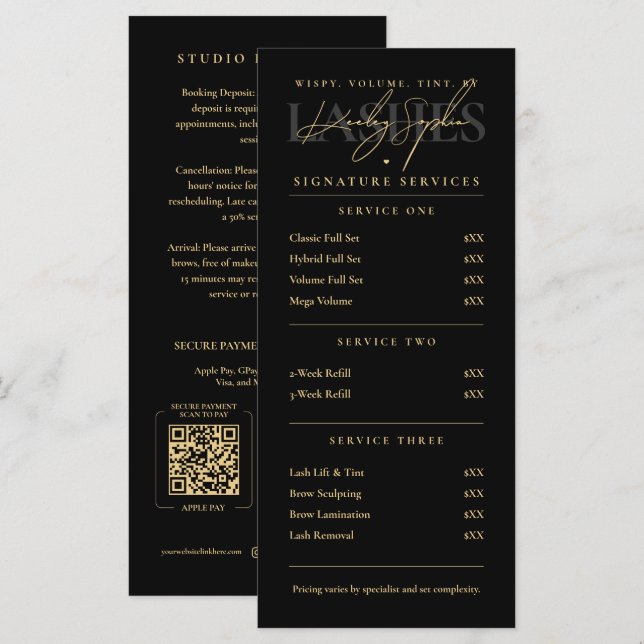 Minimal Luxury Lash Artist Studio Price List Menu (Front/Back)