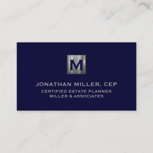 Minimal Luxury Navy Blue Silver Monogram Business Card