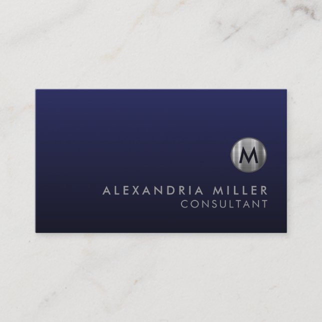 Minimal Luxury Navy Blue Silver Monogram Business Card (Front)