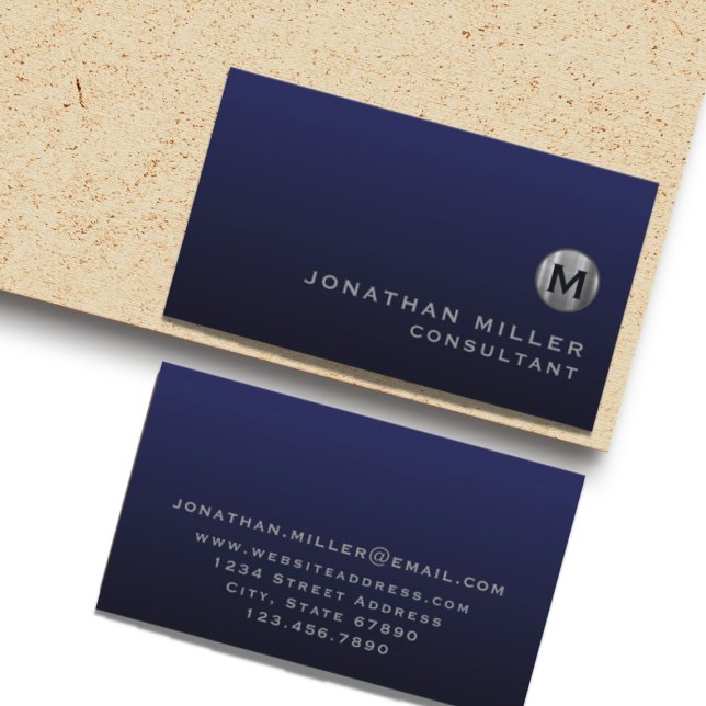 Minimal Luxury Navy Blue Silver Monogram Business Card (Creator Uploaded)