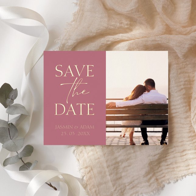 Minimal Magenta Pink Photo Wedding Save the Date Foil Holiday Postcard (Creator Uploaded)