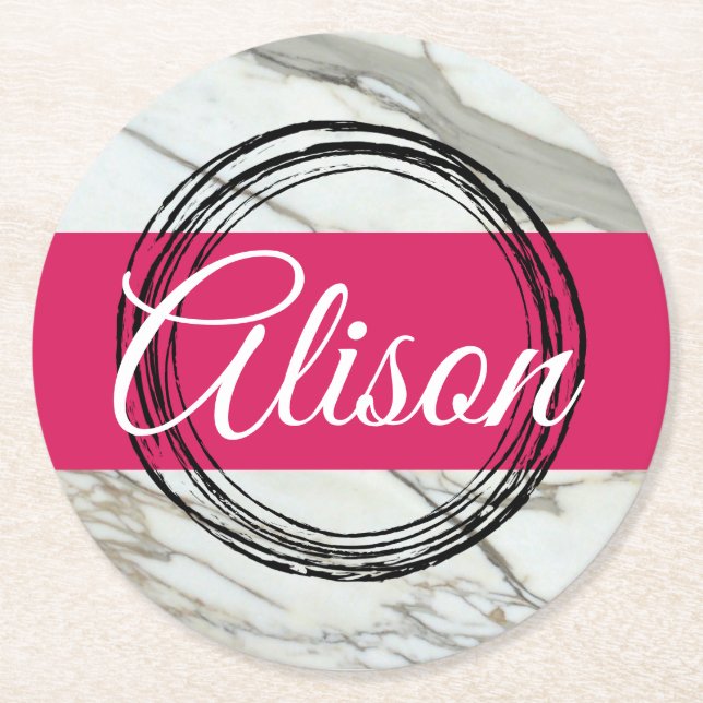 Minimal marble design add name text round paper coaster (Front)