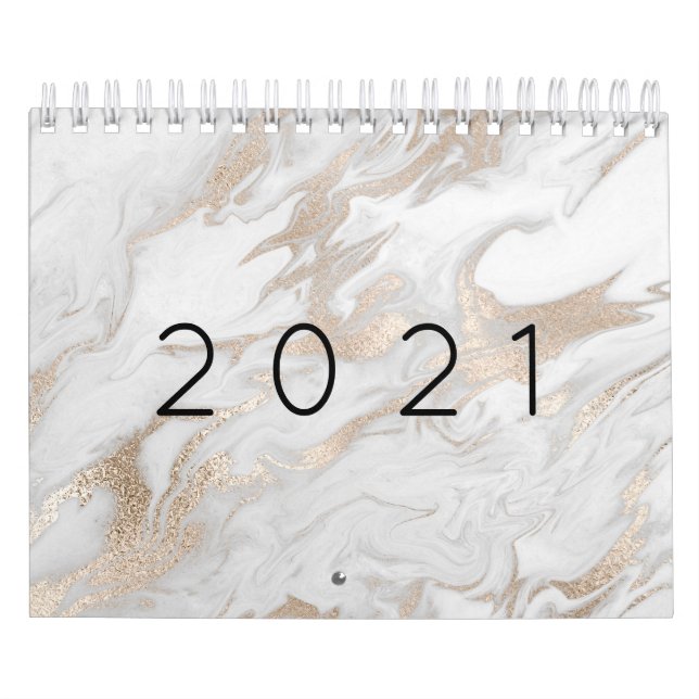 Minimal Marble White Grey Silver Rose Gold 2021 Calendar (Cover)