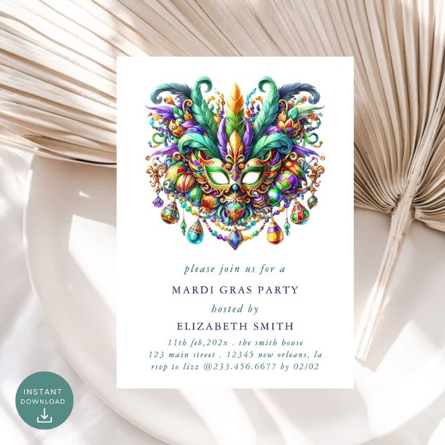 Minimal Mardi Gras Mask Party Invitation (Creator Uploaded)