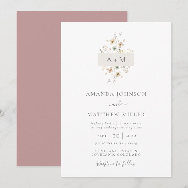 Minimal Mauve Watercolor Floral Monogram Wedding Invitation (Front/Back)