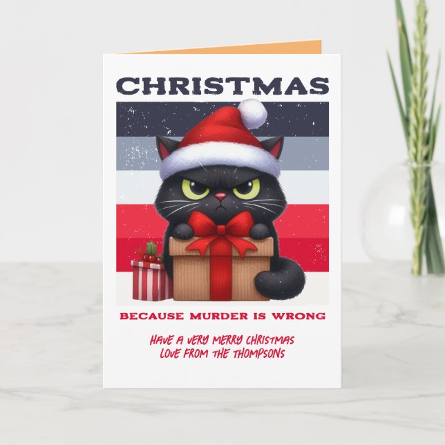 Minimal Mayhem Funny Cat Retro Christmas Photo Holiday Card (Front)