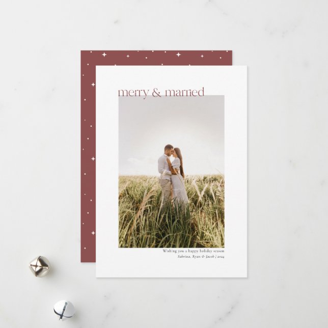 Minimal Merry and Married | Maroon Photo Holiday Card (Front/Back In Situ)