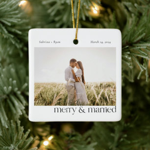 Minimal Merry and Married Photo Black Ceramic Ornament