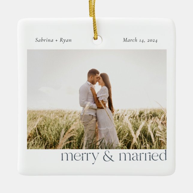 Minimal Merry and Married Photo  Ceramic Ornament (Front)