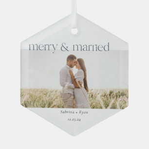 Minimal Merry and Married Photo Ceramic Ornament