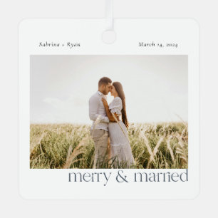 Minimal Merry and Married Photo  Ceramic Ornament