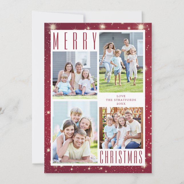Minimal MERRY CHRISTMAS 4 Photo Collage Lights Holiday Card (Front)