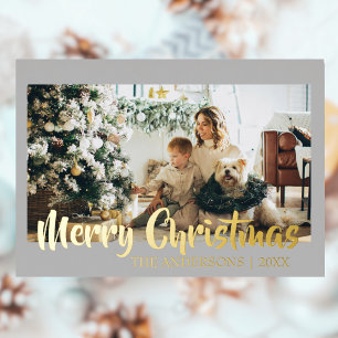 Minimal Merry Christmas Light Grey Photo Family Foil Holiday Card