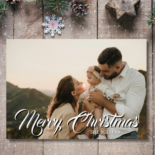 Minimal Merry Christmas Light Grey Photo Family Holiday Card