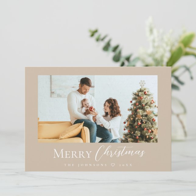 Minimal Merry Christmas Modern Family Photo Taupe  Holiday Card (Standing Front)