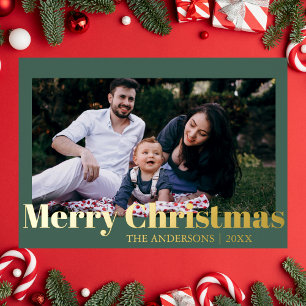 Minimal Merry Christmas Olive Green Photo Family Foil Holiday Card