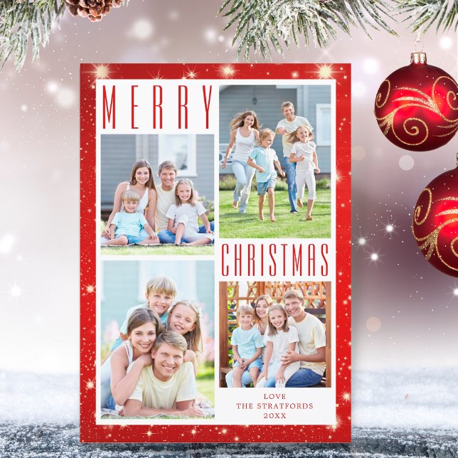 Minimal MERRY CHRISTMAS Photo Collage Red Lights H Holiday Card (Creator Uploaded)