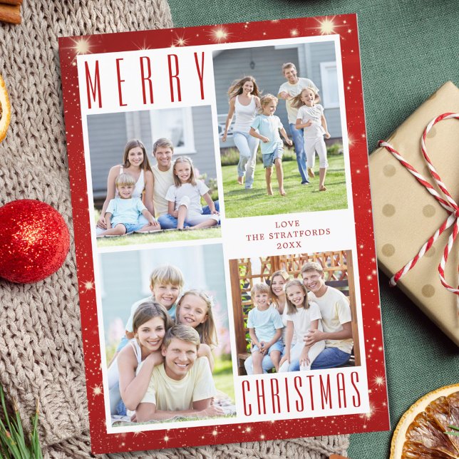 Minimal MERRY CHRISTMAS Photo Collage Red Lights Holiday Card (Creator Uploaded)