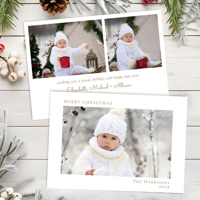 Minimal Merry Christmas Photo White Gold Holiday Card (Share the love and warmth of the season with your personalized photo Christmas card)