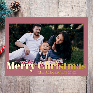 Minimal Merry Christmas Rose Gold Photo Family Foil Holiday Card
