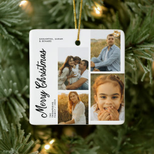 Minimal Merry Christmas Script Family 4 Photos Ceramic Ornament