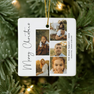 Minimal Merry Christmas Script Family 5 Photos Ceramic Ornament