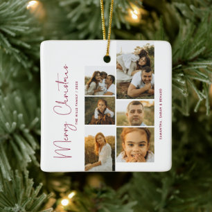 Minimal Merry Christmas Script Family 6 Photos Ceramic Ornament