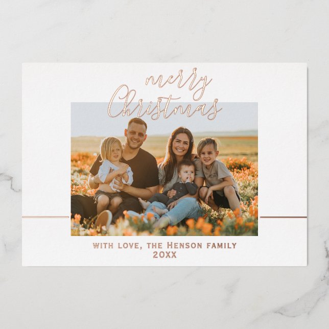 Minimal Merry Christmas Script Family Photo Foil Holiday Card (Front)