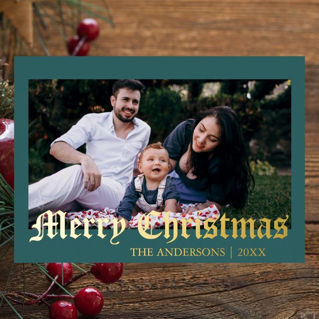 Minimal Merry Christmas Teal Photo Family Foil Holiday Card (Creator Uploaded)