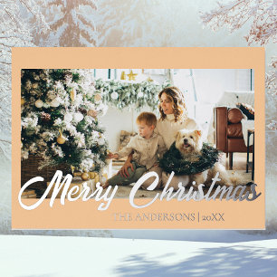 Minimal Merry Christmas Warm Peach Photo Family Foil Holiday Card