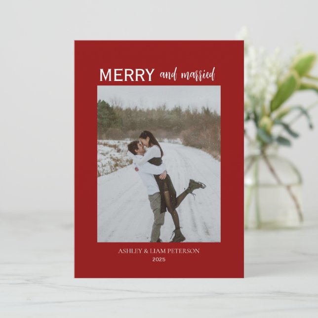 Minimal Merry & Married Newlyweds Photo Christmas Holiday Card (Standing Front)