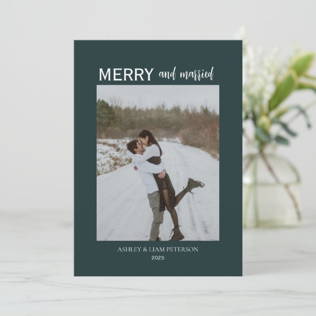 Minimal Merry & Married Newlyweds Photo Green Holiday Card (Standing Front)