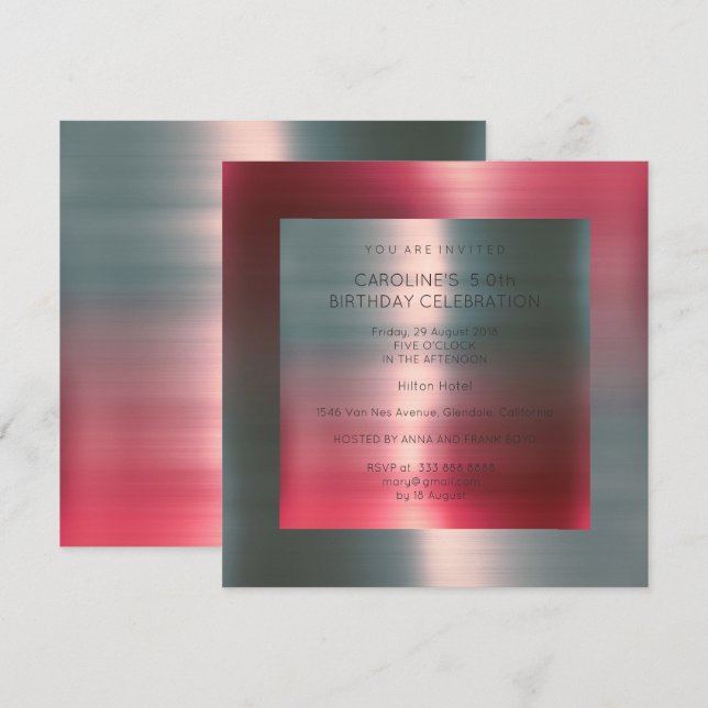 Minimal Metallic Pink Red Silver Birthday Party Invitation (Front/Back)