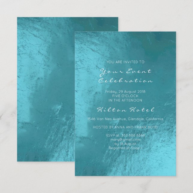 Minimal Metallic Tiffany Ocean Blue Aqua Glass Invitation (Front/Back)