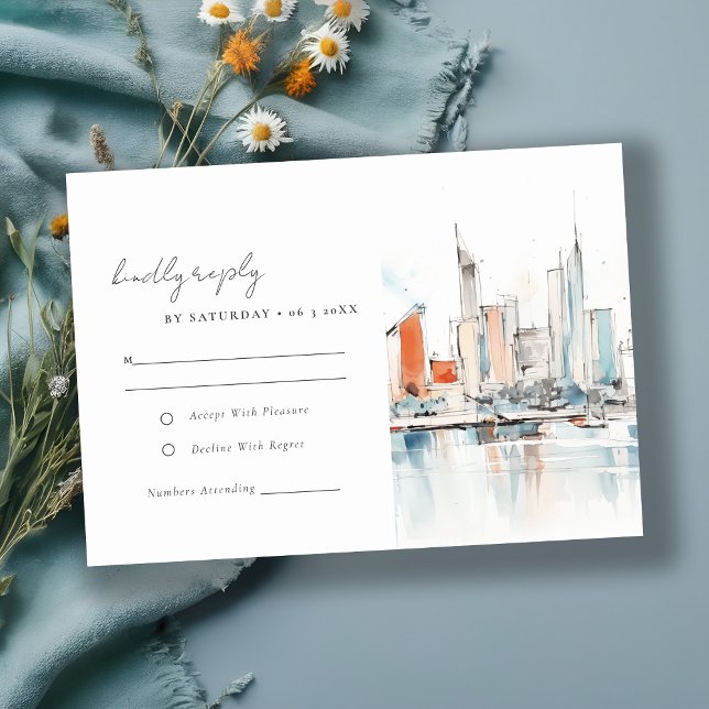 Minimal Miami Florida Skyline Watercolor Wedding RSVP Card (Creator Uploaded)