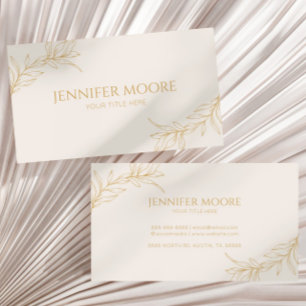 Minimal Minimalist Beige Gold Branch Leaf Business Card