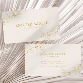Minimal Minimalist Beige Gold Branch Leaf Business Card