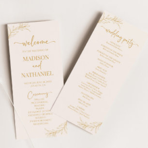 Minimal Minimalist Beige Gold Branch Leaf Wedding Programme