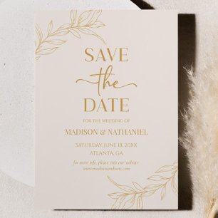 Minimal Minimalist Beige Gold Branch Leaf Wedding Save The Date