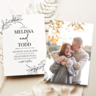 Minimal Minimalist Black White Branch Leaf Wedding Invitation