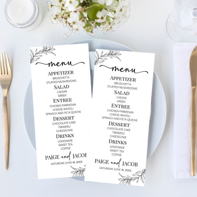 Minimal Minimalist Black White Branch Leaf Wedding Menu (Creator Uploaded)