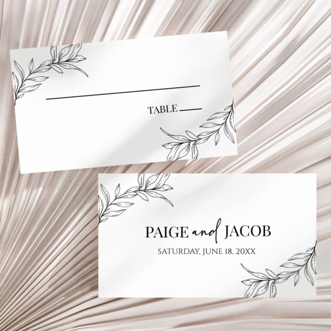 Minimal Minimalist Black White Branch Leaf Wedding Place Card (Creator Uploaded)