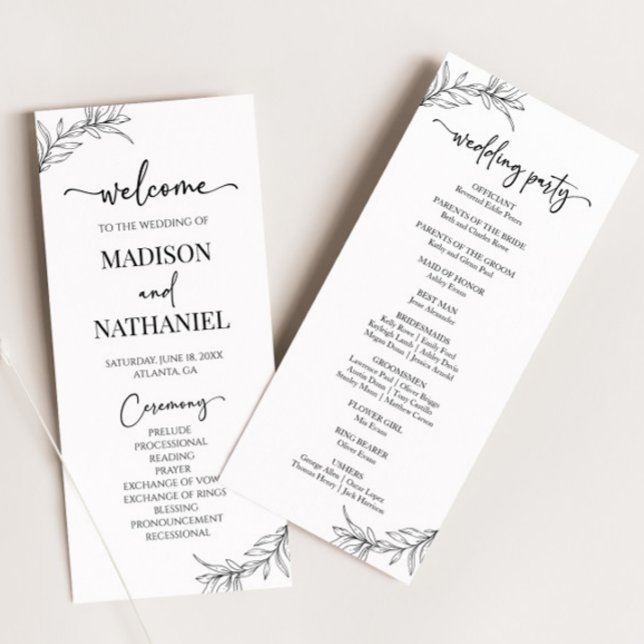 Minimal Minimalist Black White Branch Leaf Wedding Programme (Creator Uploaded)