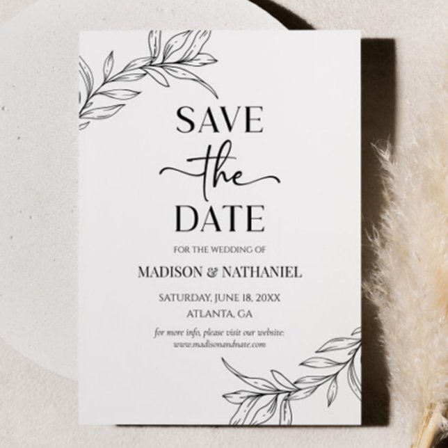 Minimal Minimalist Black White Branch Leaf Wedding Save The Date (Creator Uploaded)