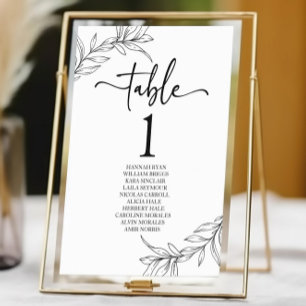 Minimal Minimalist Black White Branch Leaf Wedding Table Number