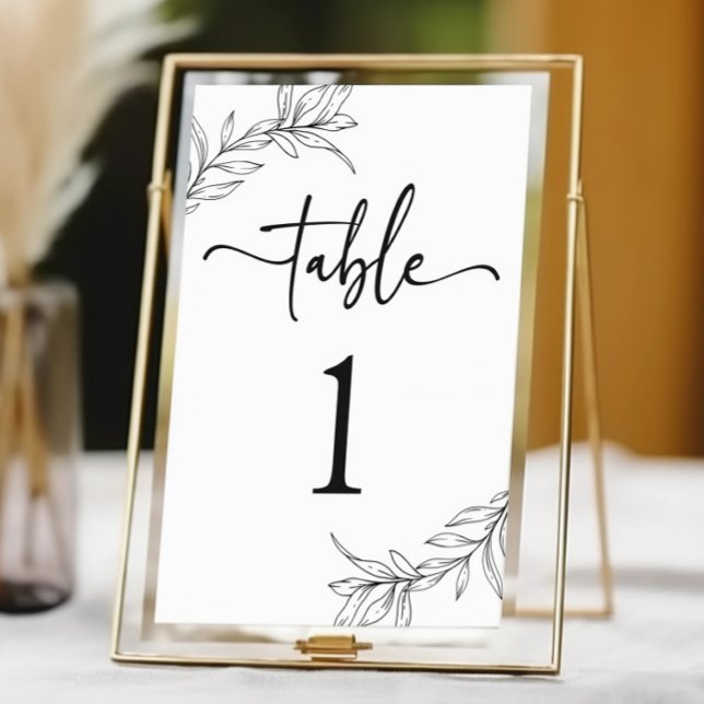 Minimal Minimalist Black White Branch Leaf Wedding Table Number (Creator Uploaded)