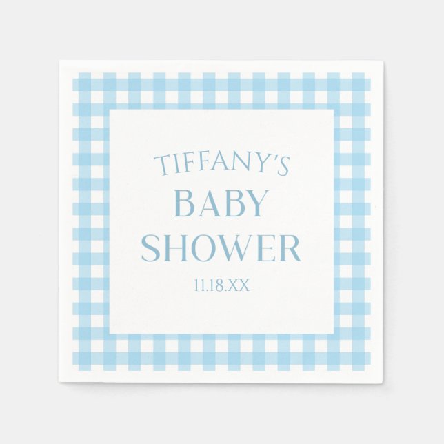 Minimal Minimalist Blue Plaid Baby Shower Napkin (Front)